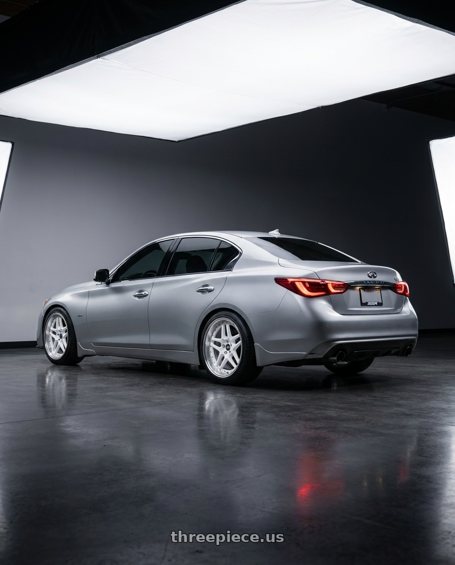 2018 infiniti q50 luxe with ESR Wheels CS15.2 5x114.3 19x8.5 +35 Gloss White wheels rear three quarter view square tires