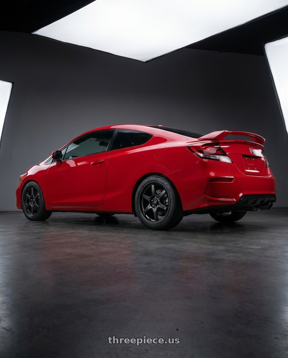 2015 Honda Civic Si with Konig Backbone 5x114.3 17x7.5+35 Matte Black Milling Logo on Spoke wheels rear three quarter view square tires