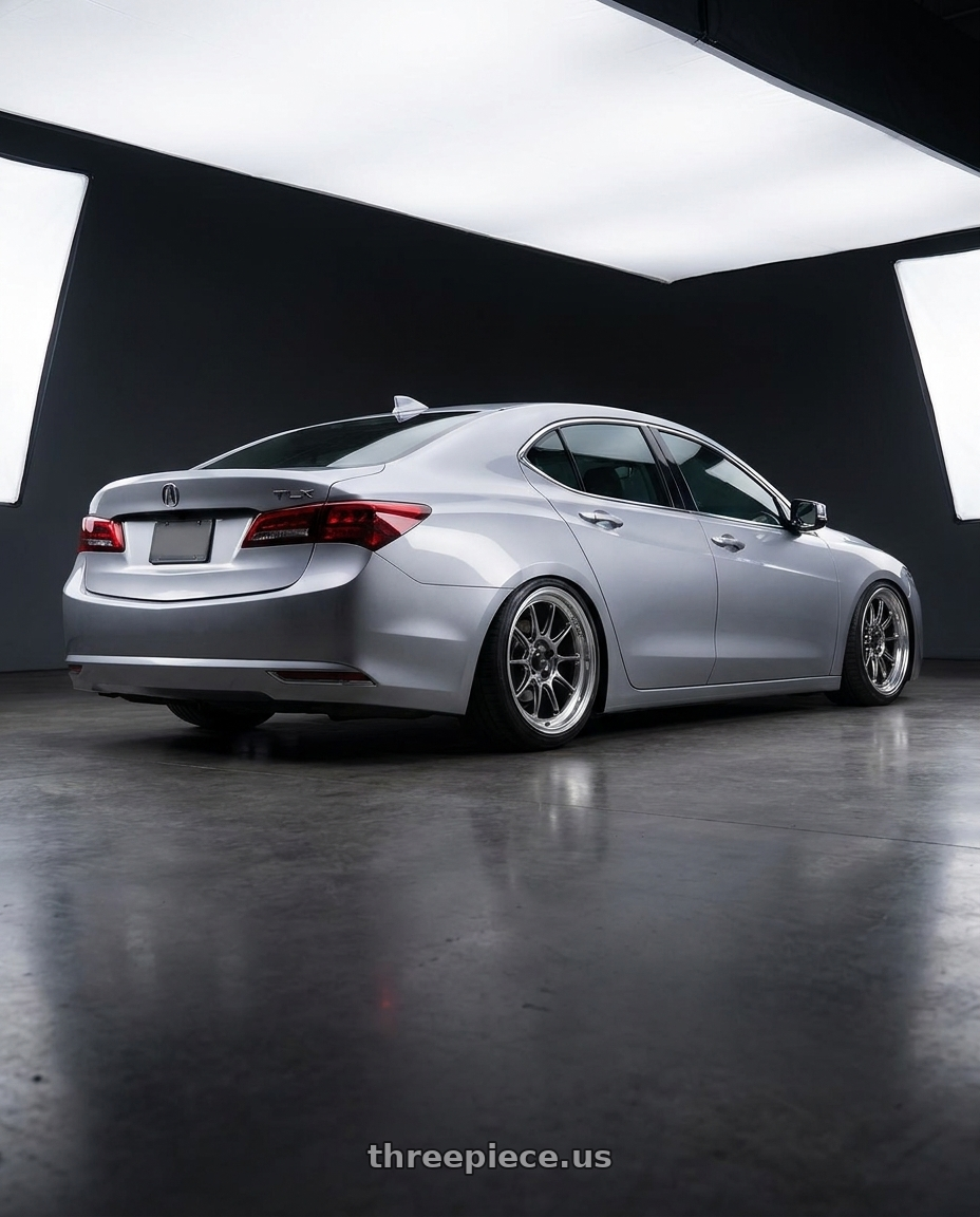 2019 Acura TLX with Konig Countergram 5x114.3 19x11+18 Hyper Chrome / Machined Lip wheels rear three quarter view slight stretch tires