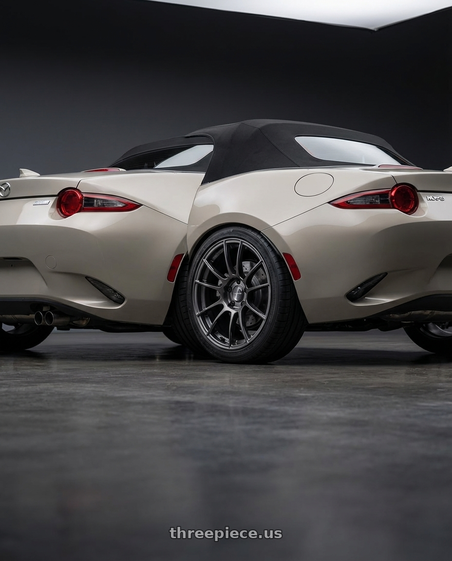 2021 Mazda MX-5 Miata ND with Ssr Gtx04 5x114.3 17x8+45  DARK GUNMETAL wheels rear three quarter view square tires