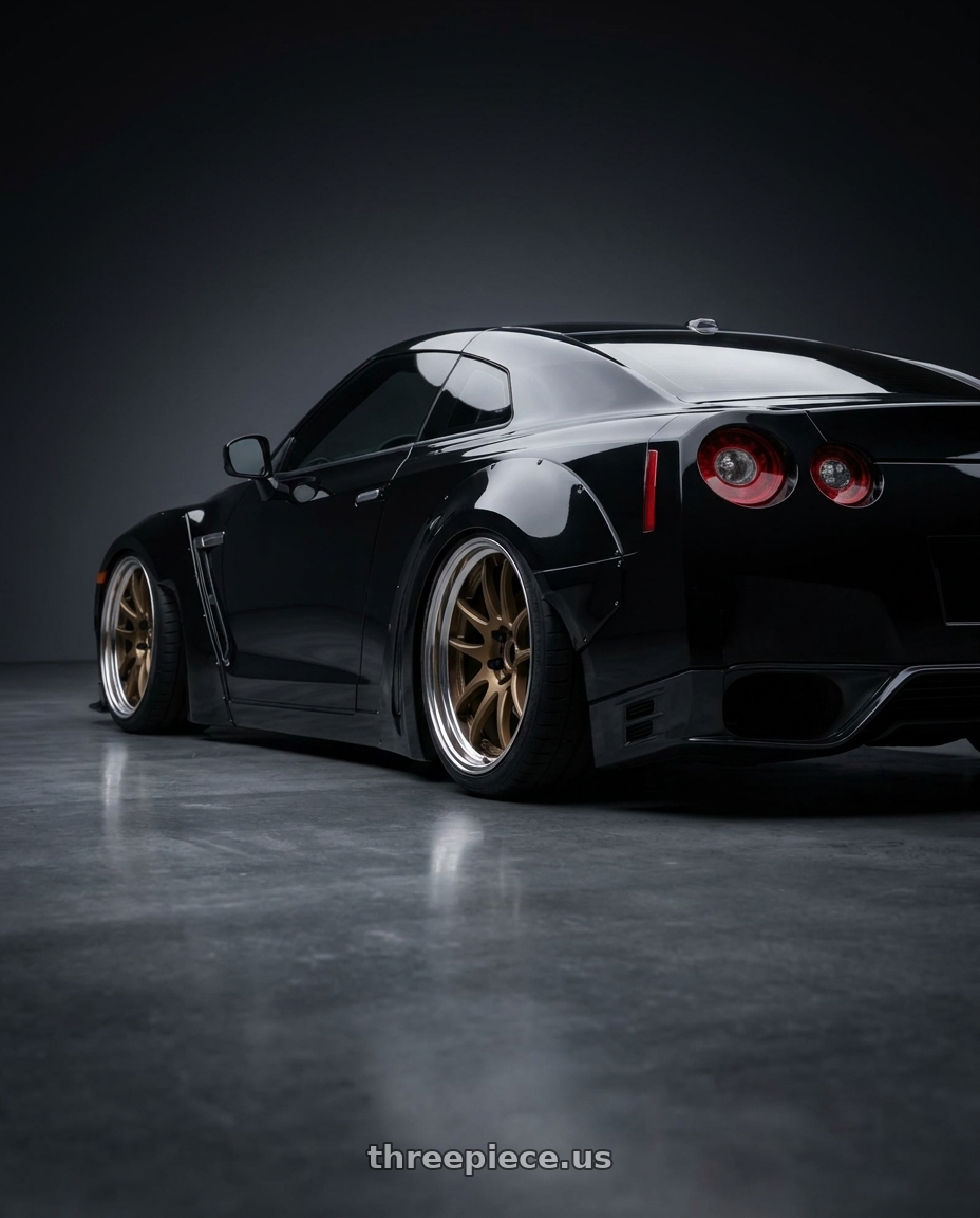 2013 Nissan R35 GTR with Work Cr 2P 4x100 16x8.5 +45 Matte Bronze wheels rear three quarter view square tires