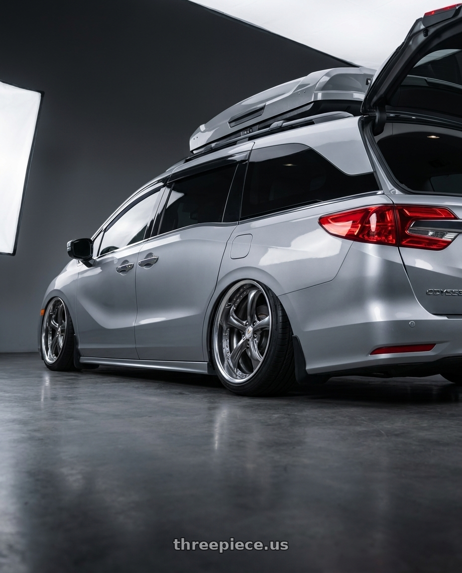 2024 Honda Odyssey with Work Wheels VS-KF 5x120 20x8.5+40 Brilliant Silver Black O Disk FULL REVERSE wheels rear three quarter view extreme stretch tires