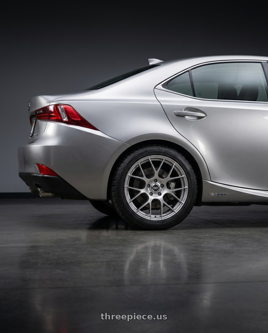 2014 Lexus is300h with Enkei Raijin 5x114.3 18x8.5+38 Hyper Silver wheels rear three quarter view meaty tires