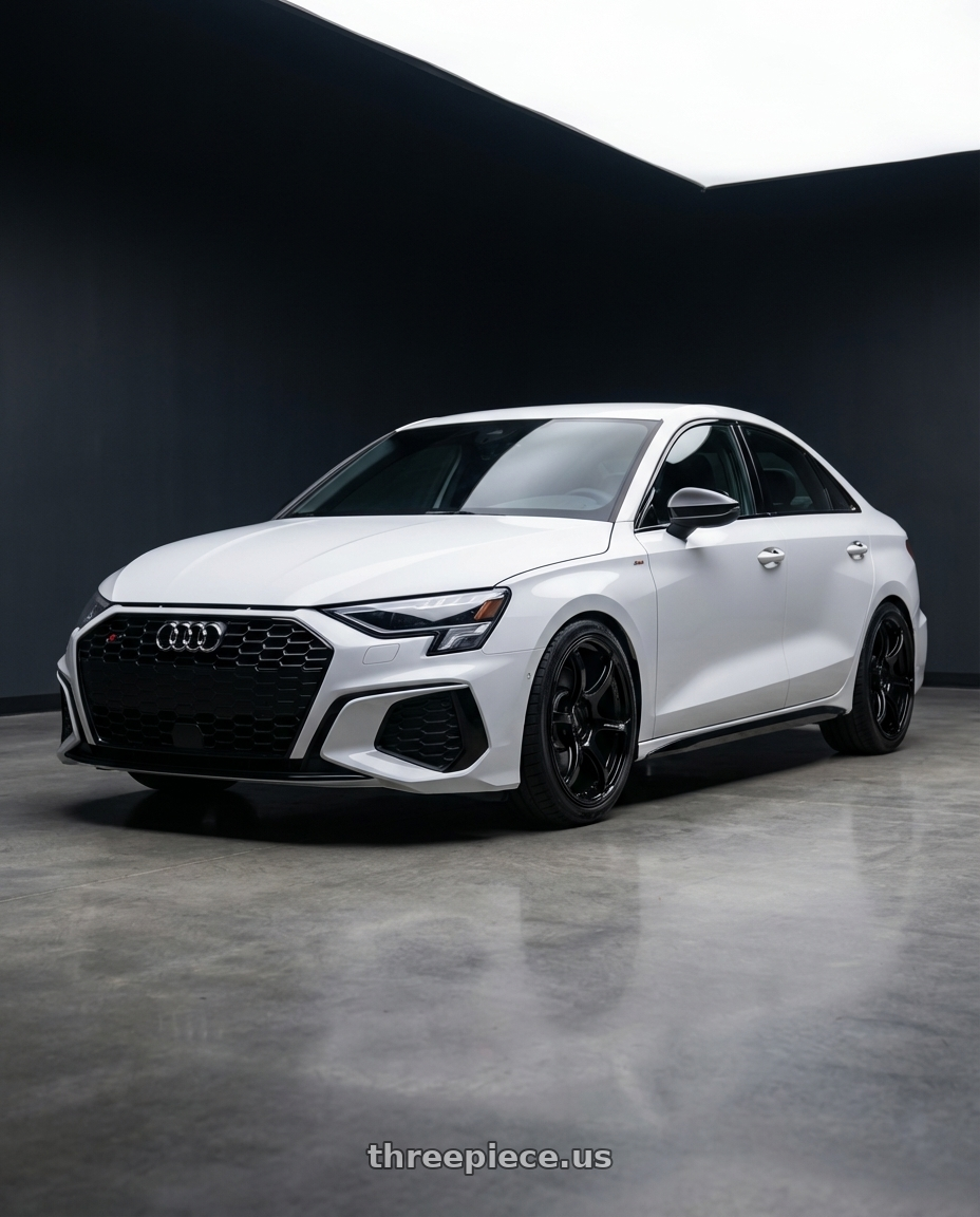 2024 Audi S3 8Y with Advan RGIII 5x112 19x8.5+45 Gloss Black wheels front three quarter view lowered stance