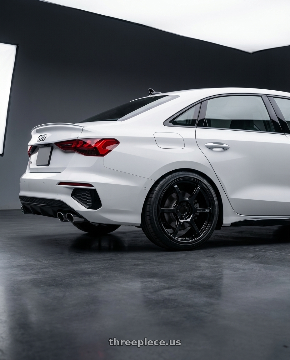 2024 Audi S3 8Y with Advan RGIII 5x112 19x8.5+45 Gloss Black wheels rear three quarter view square tires