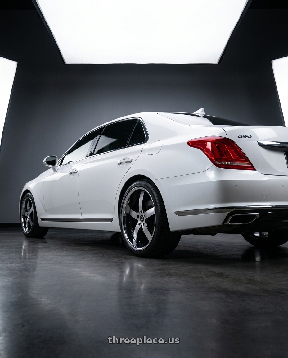 2018 genesis g90 ultimate with MARQUEE WHEELS M5330B 5x114.3 20x9+32 BLACK / MACHINED/STAINLESS LIP wheels rear three quarter view square tires