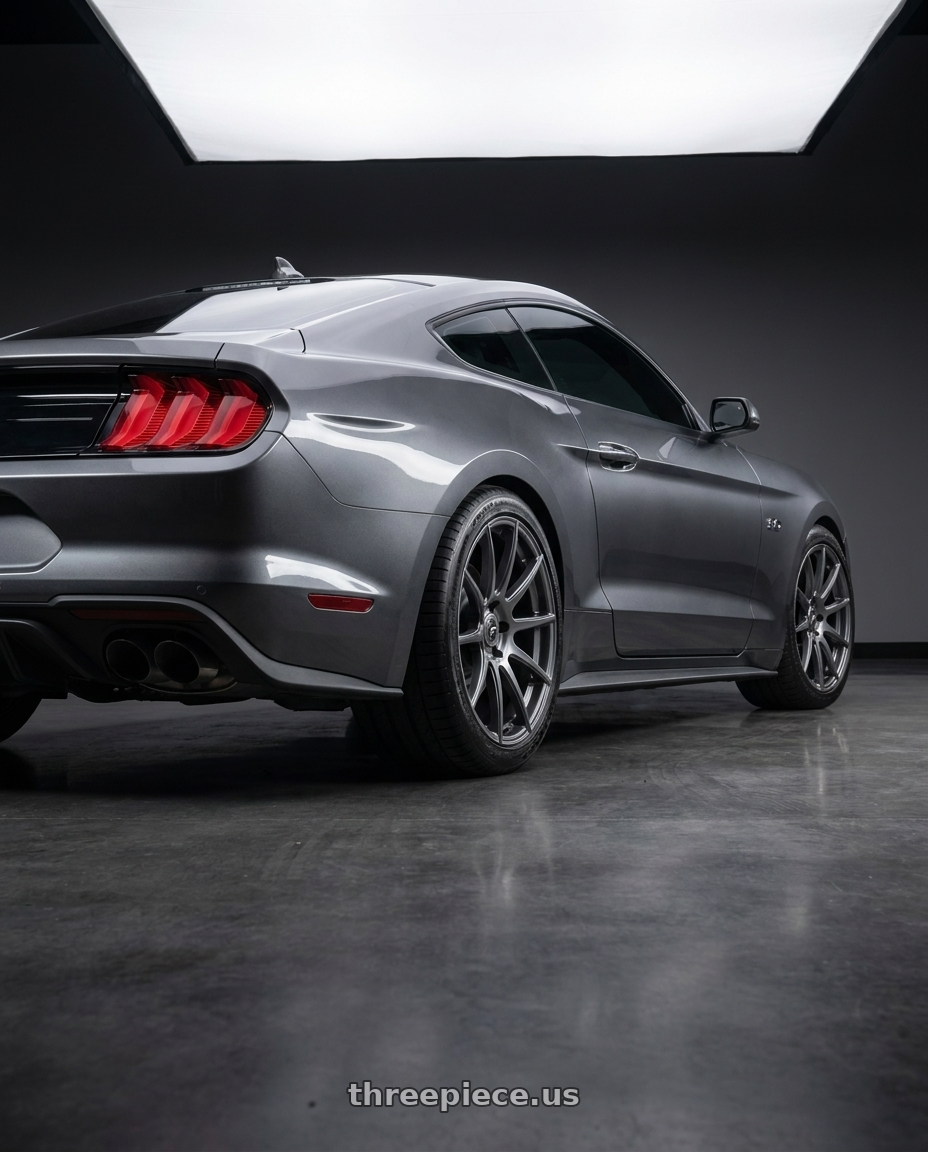 2022 Ford Mustang GT with Forgestar CF10 5x114.3 20x9 +35 Gloss Anthracite wheels rear three quarter view square tires