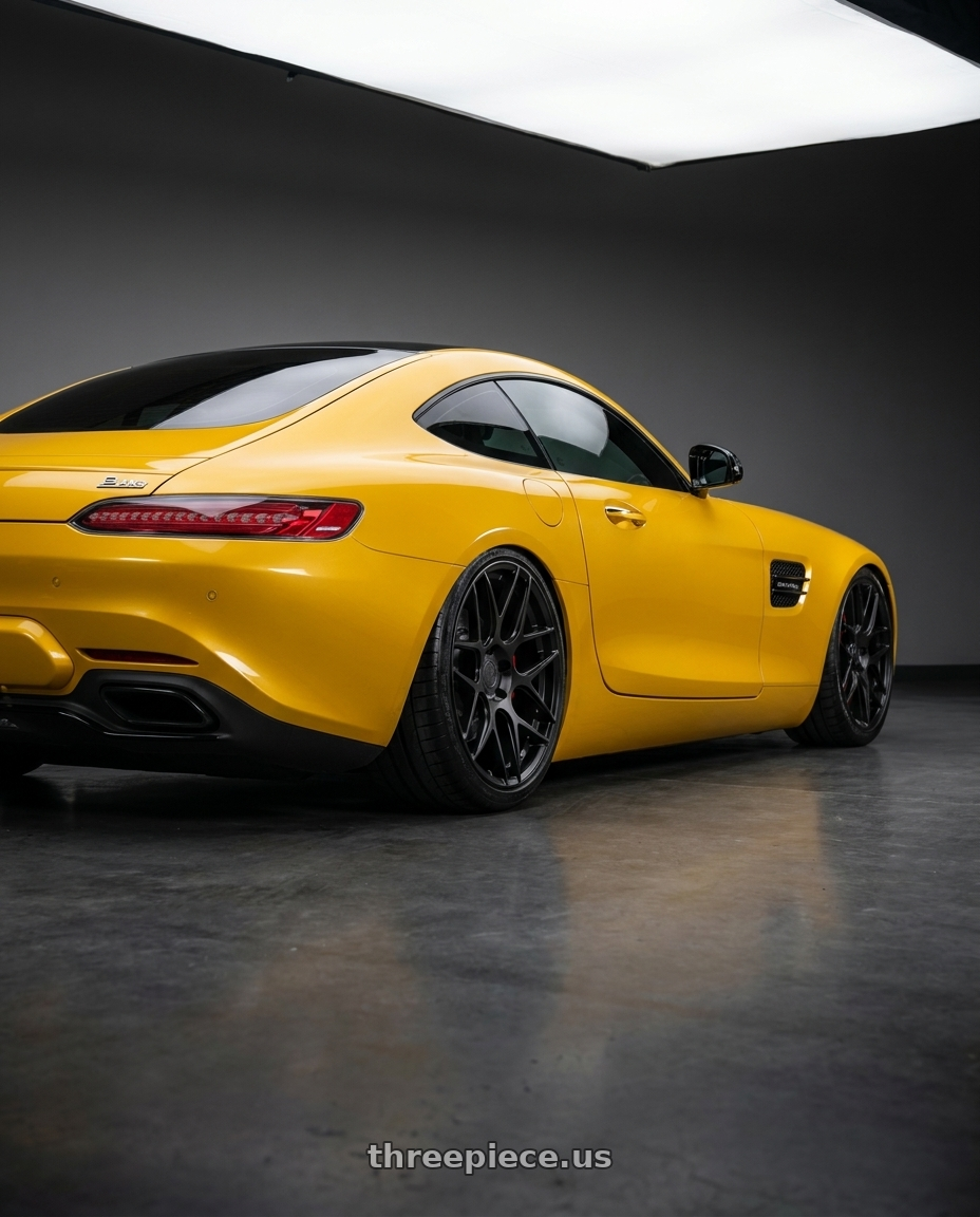 2019 Mercedes-Benz AMG GT with Aodhan AFF2 5x112 19x9.5+35 Matte Black wheels rear three quarter view slight stretch tires