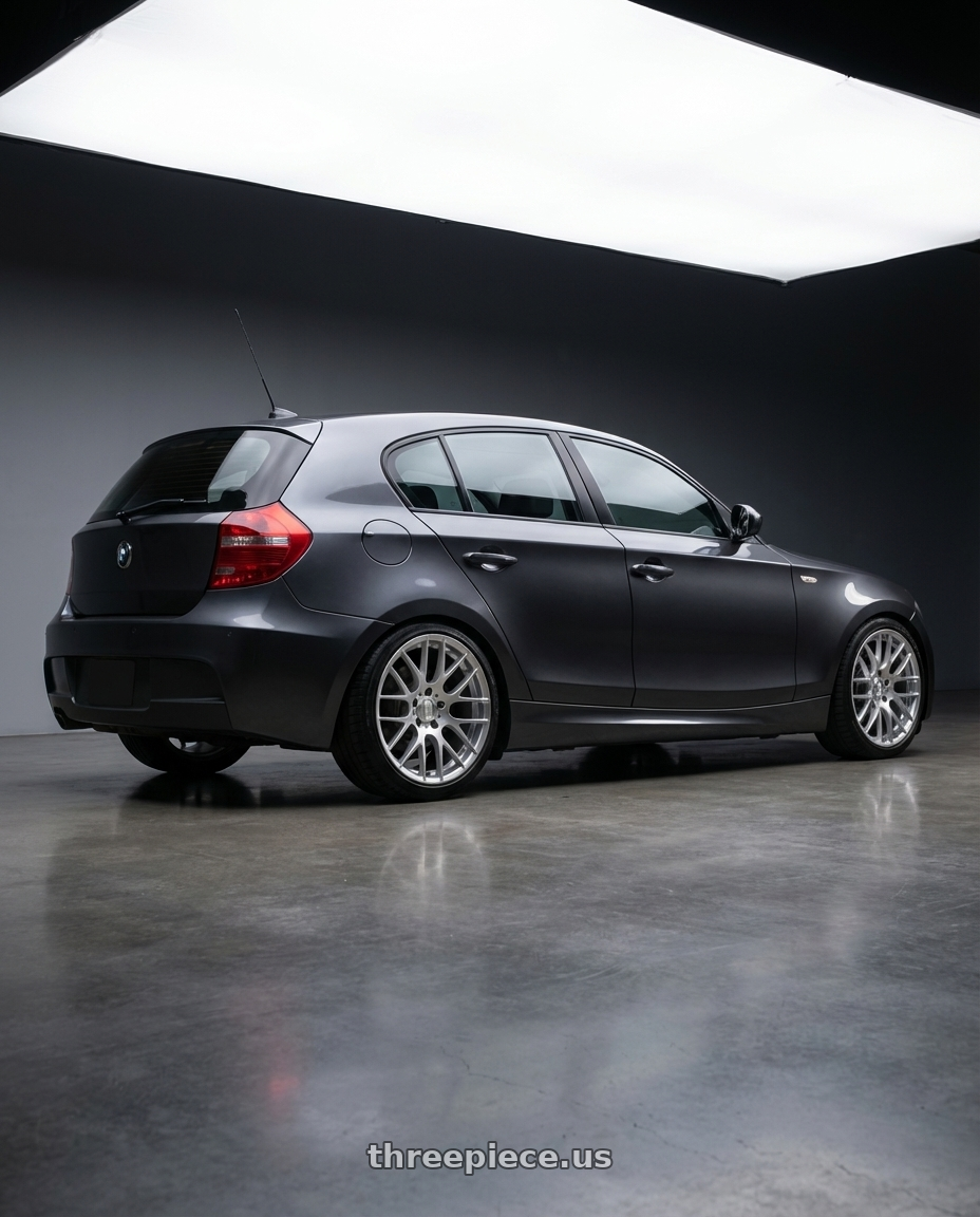 2012 BMW 1 Series E82 with Avant Garde Wheels M359 5X120 18x9.5 +22 Hyper Silver wheels rear three quarter view square tires