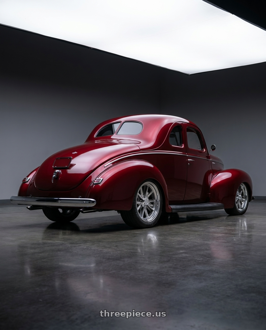 1940 ford coupe with American Racing Vintage VN427 SHELBY COBRA 5X114.3 18X8 0 TWO-PIECE POLISHED wheels rear three quarter view slight stretch tires