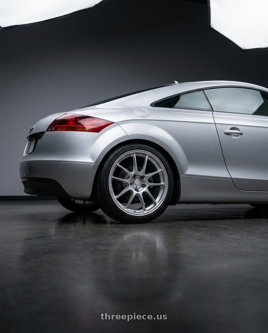 2008 Audi TT with Enkei PF01 5x112 18x8+45 Silver wheels rear three quarter view square tires