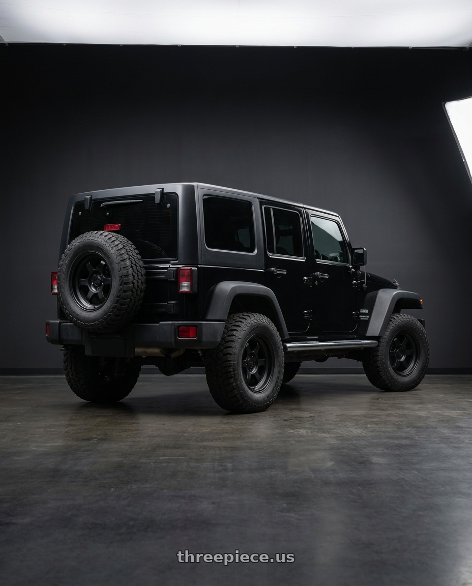 2010 jeep wrangler with 9six9 SIX-1 Deep 5x127 17X8.5 -10 Matte Black wheels rear three quarter view meaty tires