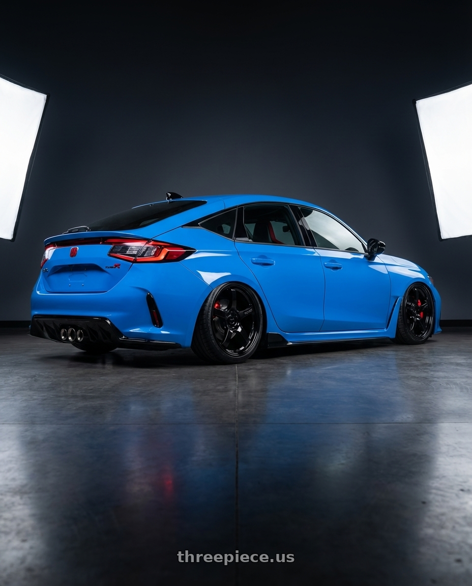 2024 Honda Civic Type R with Gram Lights 57CR 5x120 19x10.5+35 Glossy Black wheels rear three quarter view slight stretch tires