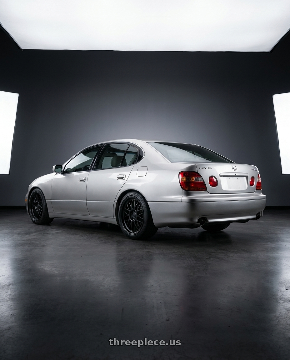 2002 lexus gs430 with KATANA RACING KR06 5x114.3 18x8 +40 Matte Black wheels rear three quarter view square tires