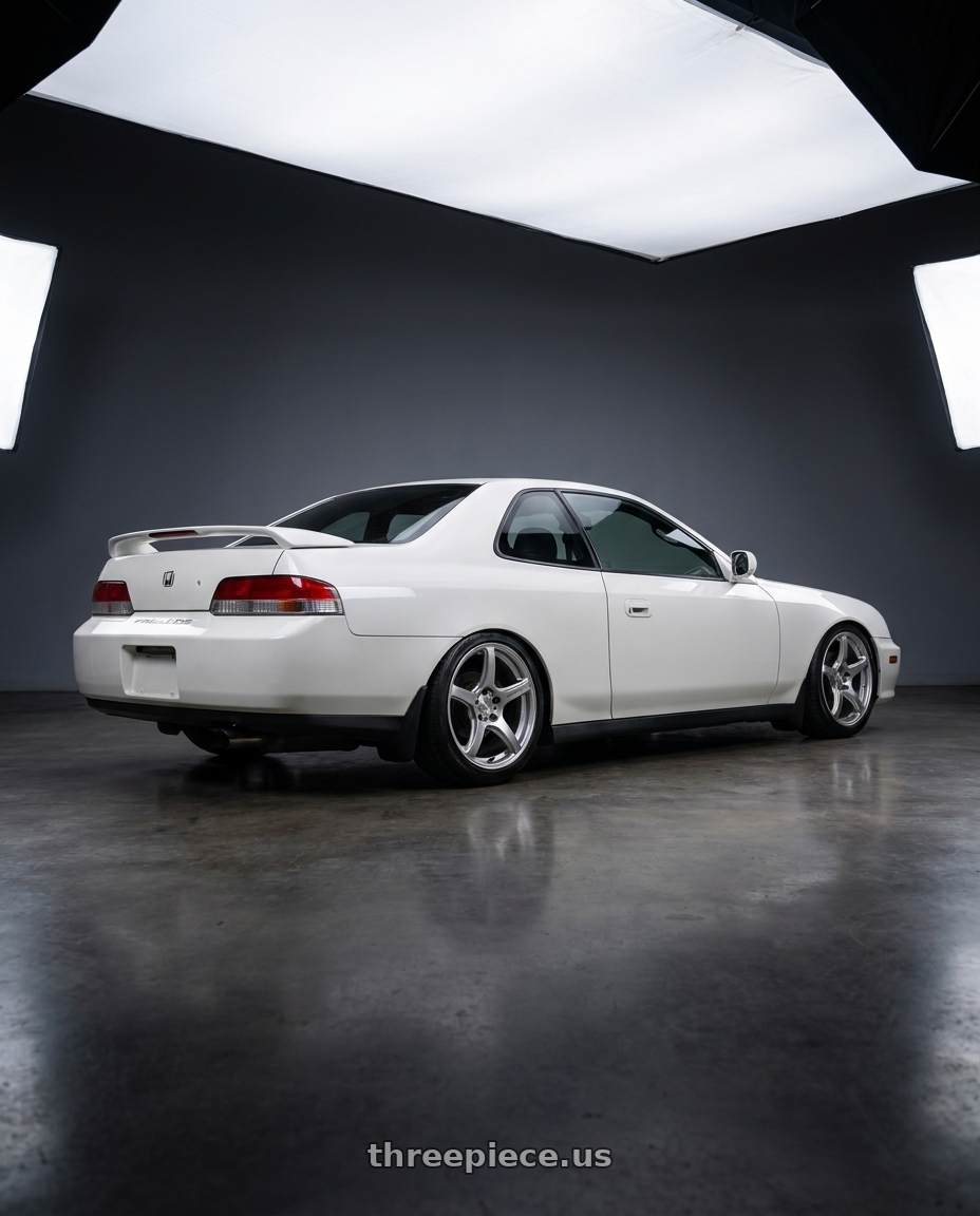 2001 honda prelude with Work Emotion T5r 5x114.3 17x7 +48 Glow Silver wheels rear three quarter view slight stretch tires