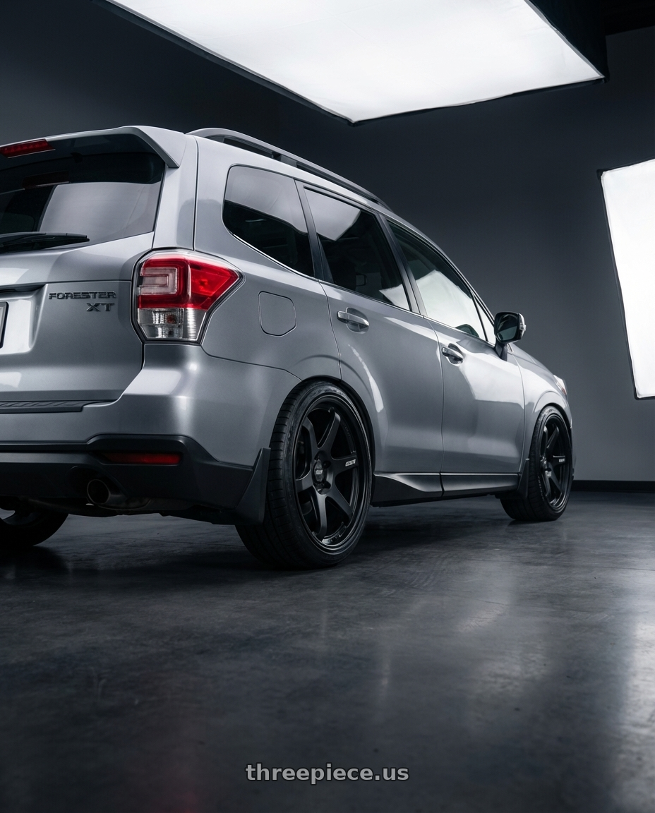 2017 subaru forester xt 2.0 touring metallic grey with ESR Wheels APEX SERIES AP6 5x114.3 19x9.5 +35 Matte Black wheels rear three quarter view slight stretch tires