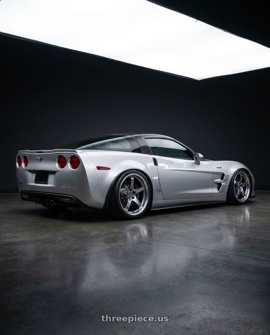 2011 Chevrolet Corvette ZR1  with Advan Racing GT for PORSCHE CLxCL 21x12.5 +44 MACHINING & HYPER PLATINUM BLACK wheels rear three quarter view slight stretch tires