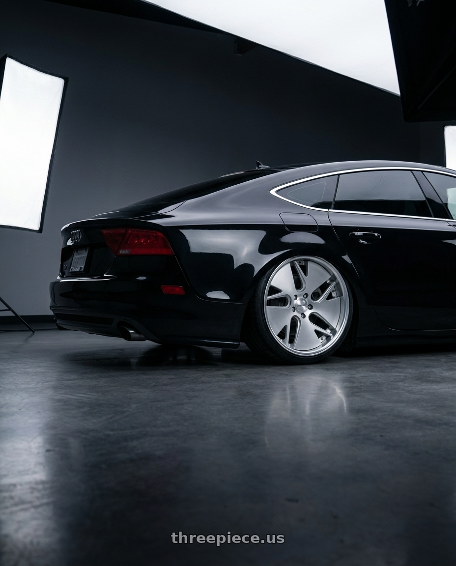 2012 audi A7 with Work Gnosis Cvd 5x112 20x10+30 A Disk Matte Silver wheels rear three quarter view square tires
