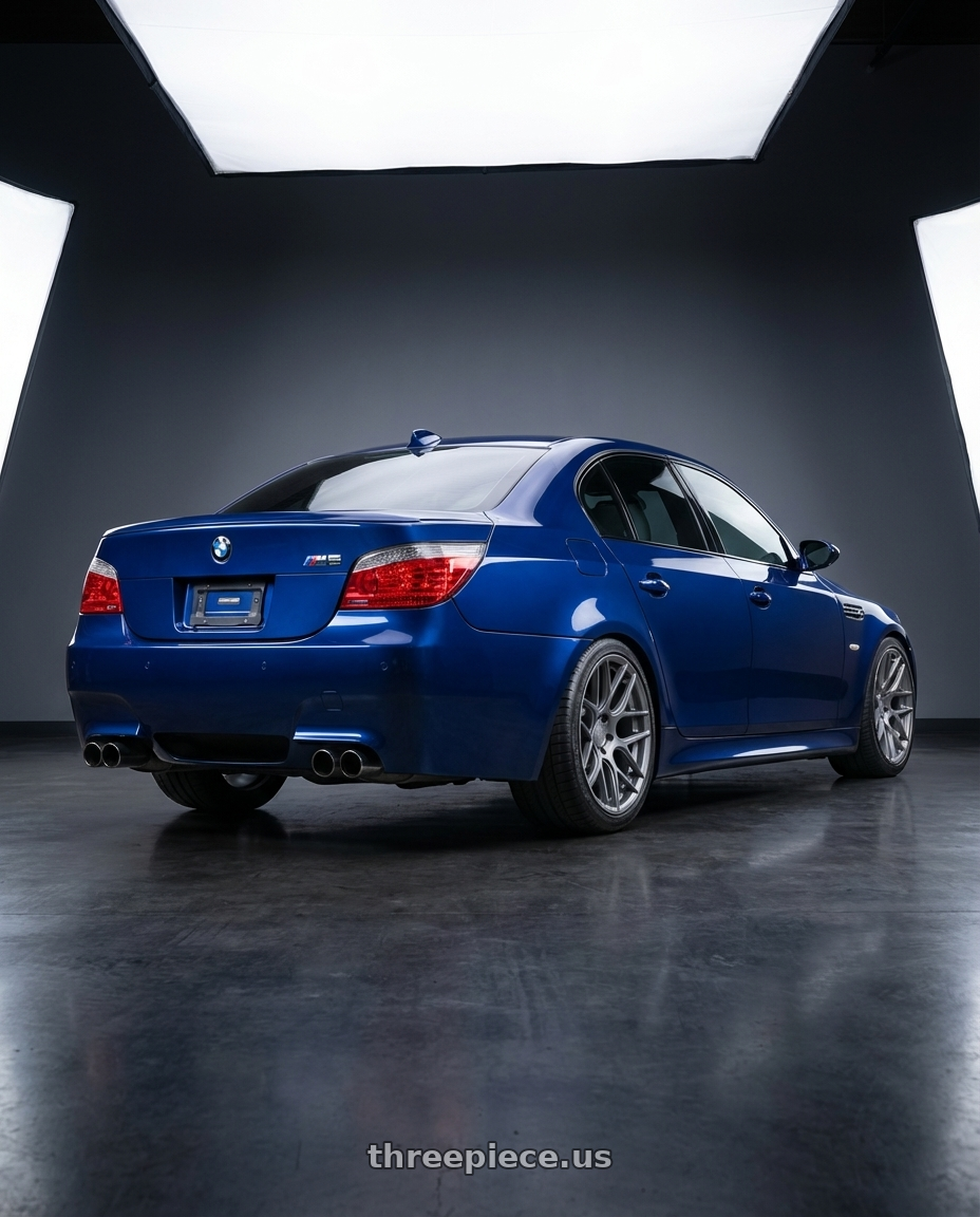 2010 BMW M5 E60 with Aodhan AFF2 5x120 19x9.5+35 Matte Gray wheels rear three quarter view square tires