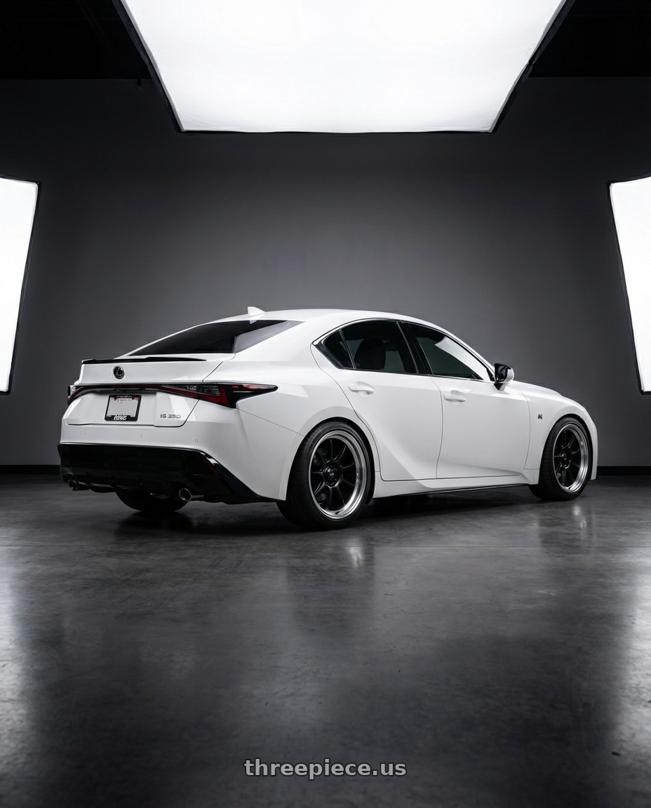 2024 Lexus IS 350 with Konig Countergram 5x114.3 19x9.5+25 Matte Black / Matte Machined Lip wheels rear three quarter view square tires