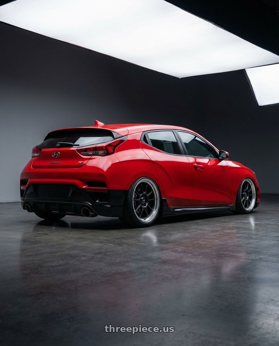 2022 Hyundai Veloster N with Konig Countergram 5x114.3 19x9.5+35 Matte Black / Matte Machined Lip wheels rear three quarter view slight stretch tires