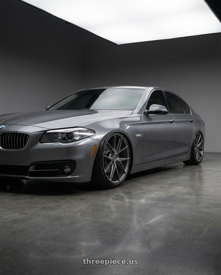 2016 BMW 5 Series F10 with Niche 1PC M116 MISANO 5X120 20X9 +35 MATTE GUN METAL wheels front three quarter view stanced stance