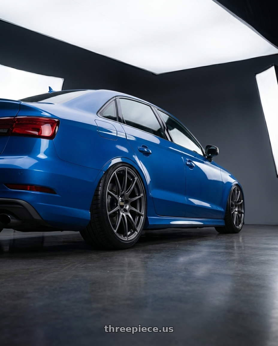 2019 Audi S3 8V with BBS FS 5x112 19x10 +38 PFS Diamond Black wheels rear three quarter view slight stretch tires