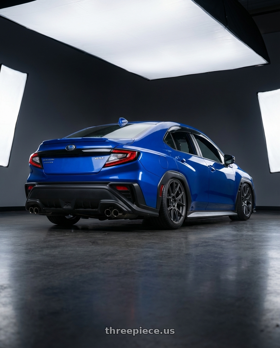 2024 Subaru WRX with Konig Ampliform 5x114.3 19x9.5+35 Dark Metallic Graphite wheels rear three quarter view slight stretch tires