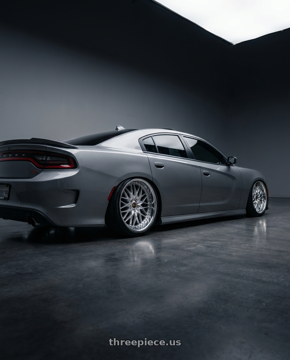 2016 dodge charger rt with Work Vs-Xv 5x115 20x11+15 A Disk Silky Rich Silver wheels rear three quarter view slight stretch tires