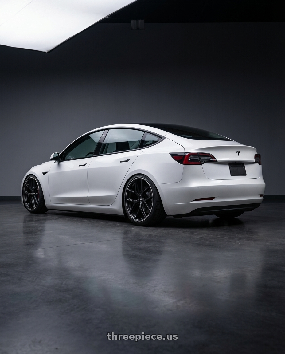 2023 Tesla Model 3 with BBS CC-R 5x114.3 19x8.5+30 Satin Black wheels rear three quarter view slight stretch tires
