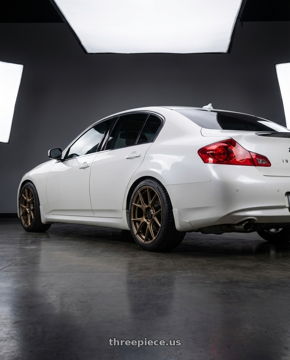 2012 Infiniti G37 with Konig Ampliform 5x114.3 19x10.5+23 Gloss Bronze wheels rear three quarter view square tires