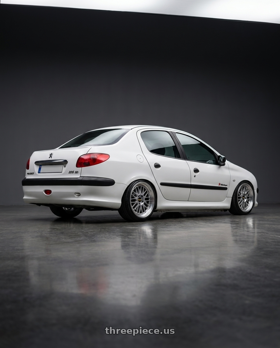 2011 Peugeot 206 SD with BBS LM 4x100 17x7.5+40 Diamond Silver wheels rear three quarter view slight stretch tires