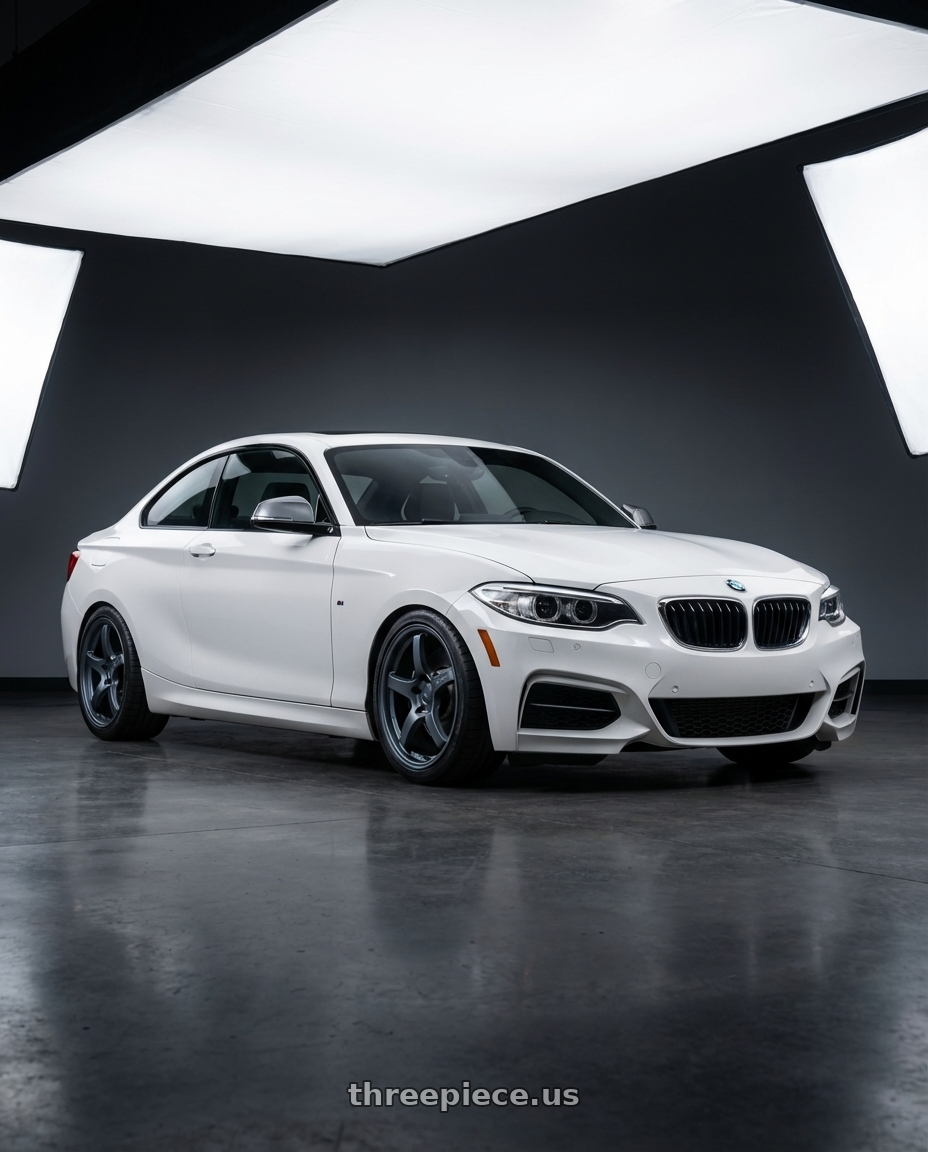 2018 BMW 2 Series F22 with Gram Lights 57CR 5x120 18x9.5+38 Gunblue II wheels front three quarter view lowered stance