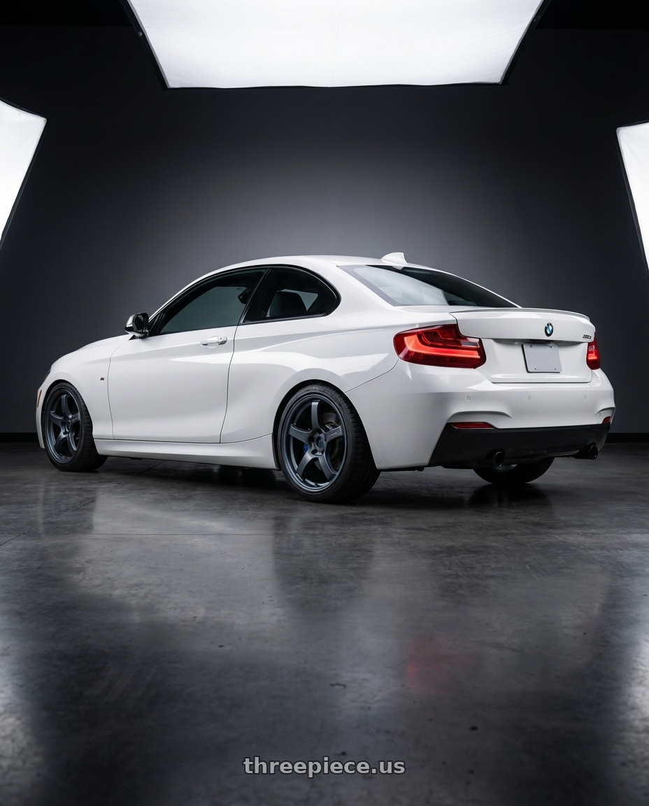 2018 BMW 2 Series F22 with Gram Lights 57CR 5x120 18x9.5+38 Gunblue II wheels rear three quarter view square tires