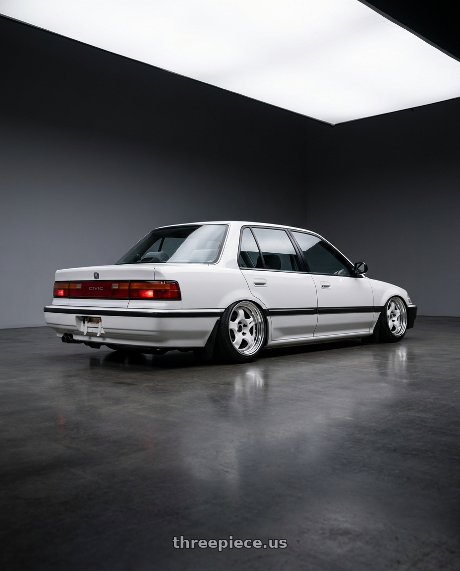 1991 Honda civic ex with Work Meister S1 2P 4x100 15x7.5+38 A Disk White wheels rear three quarter view slight stretch tires