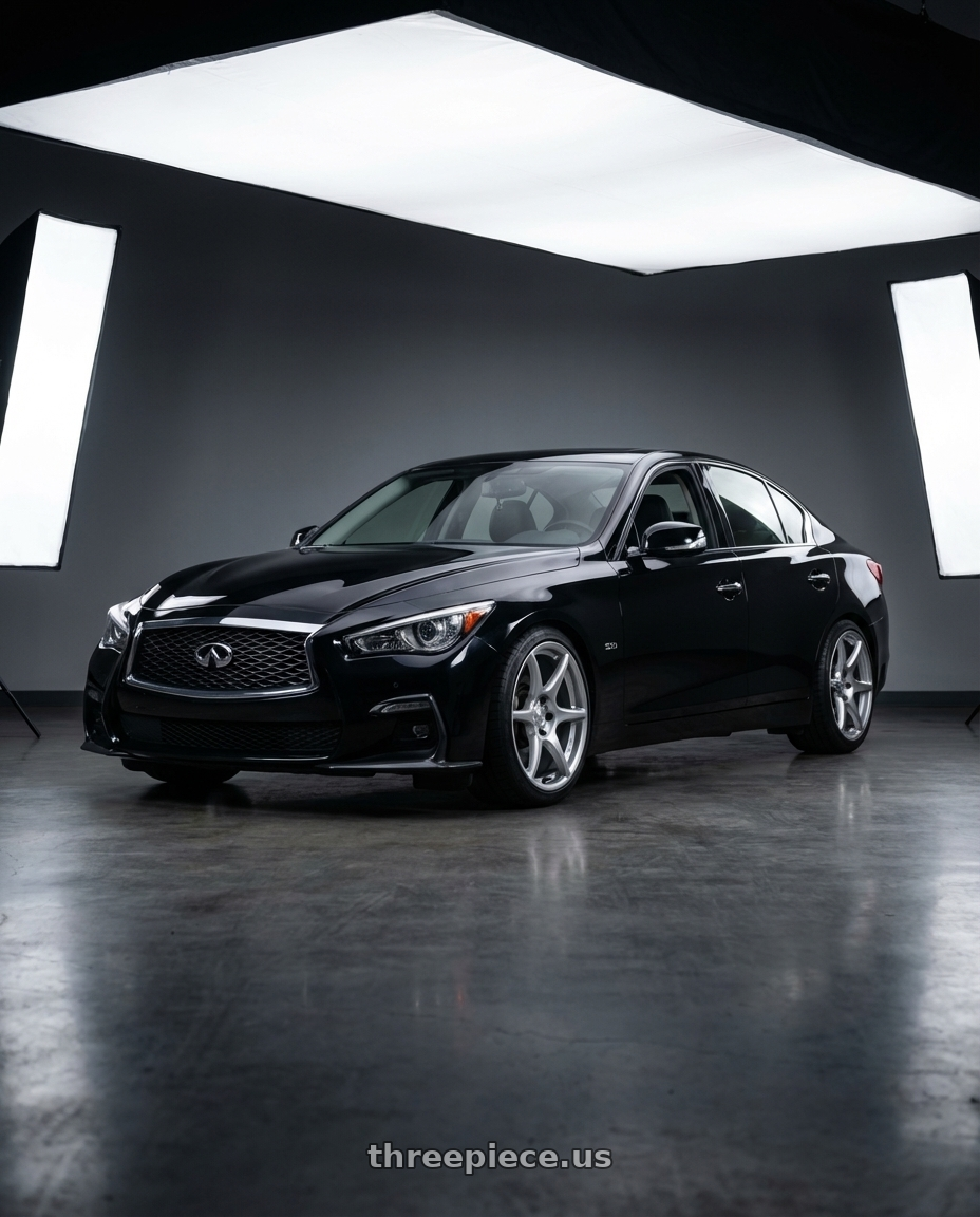 2020 Infiniti Q50 Sport, Black with Kansei K11S Tandem 5X100 17x9 35 Hyper Silver wheels front three quarter view lowered stance