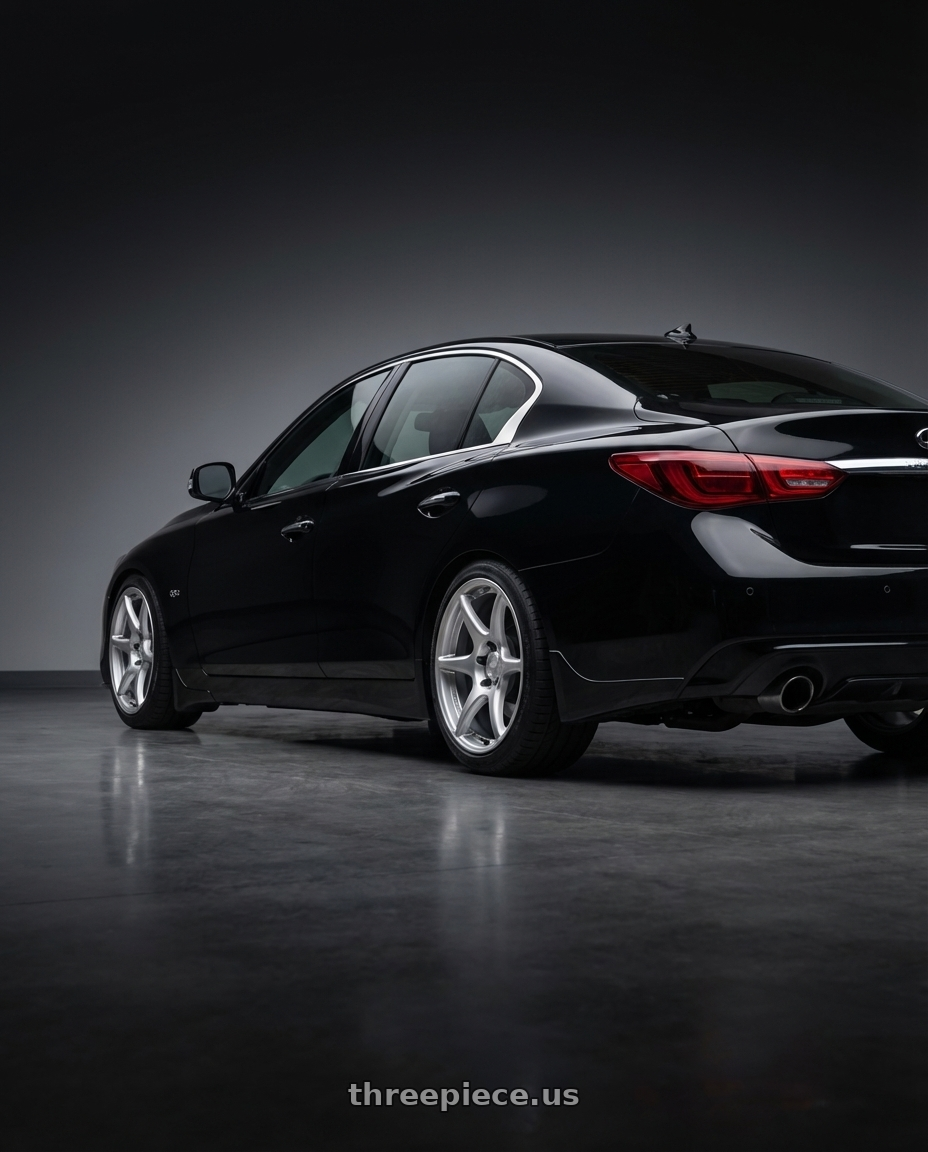 2020 Infiniti Q50 Sport, Black with Kansei K11S Tandem 5X100 17x9 35 Hyper Silver wheels rear three quarter view square tires