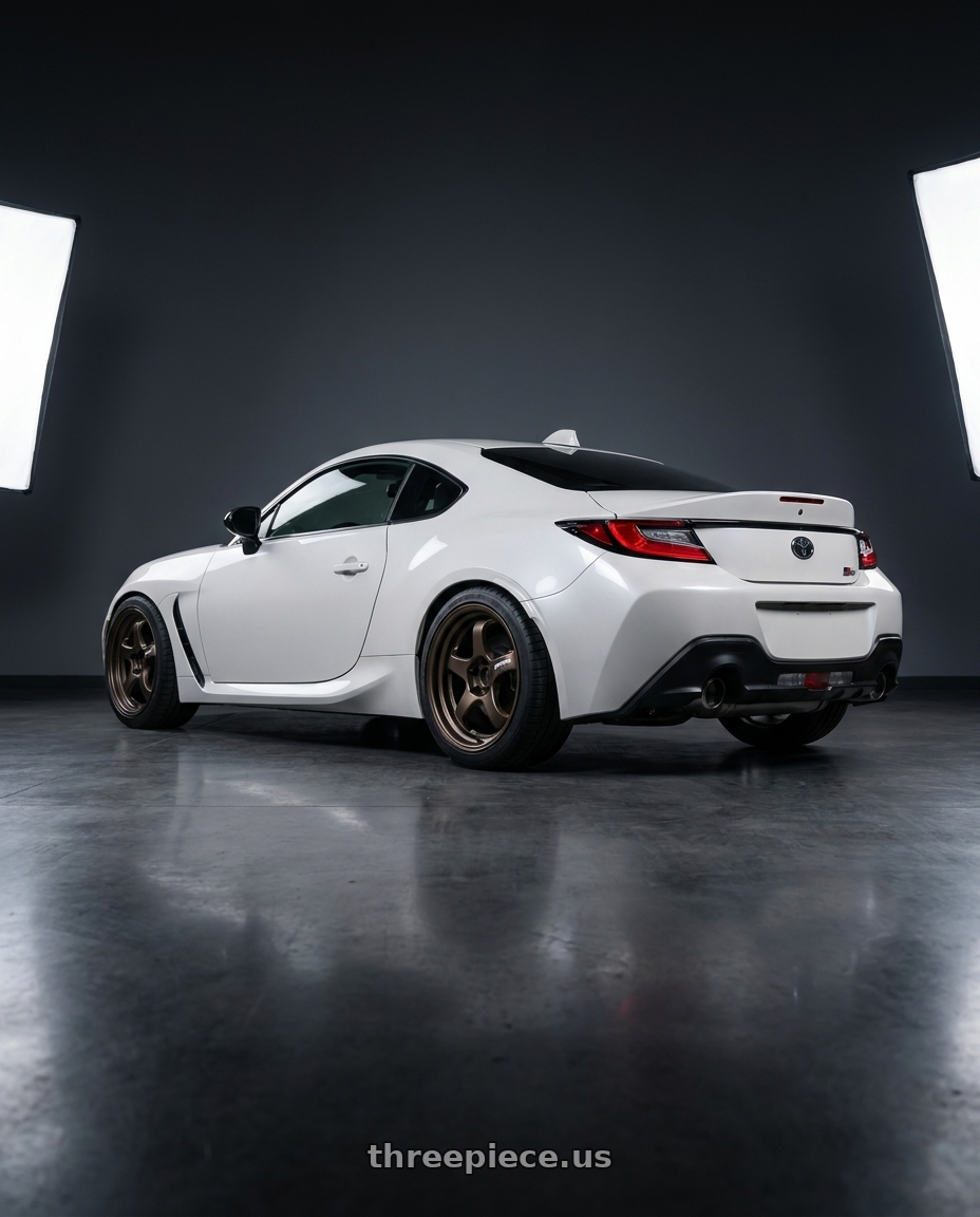 2026 Toyota gr86 with Work Meister S1R 5x100 18x8.5+38 A Disk Ashdot Titanium wheels rear three quarter view square tires