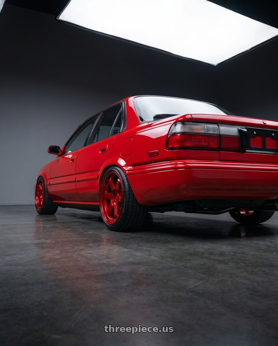1991 Corolla Ae92 3R3 Red with 9six9 SIX-1 5x114.3 18X8.5 +20 Candy Apple Red wheels rear three quarter view square tires