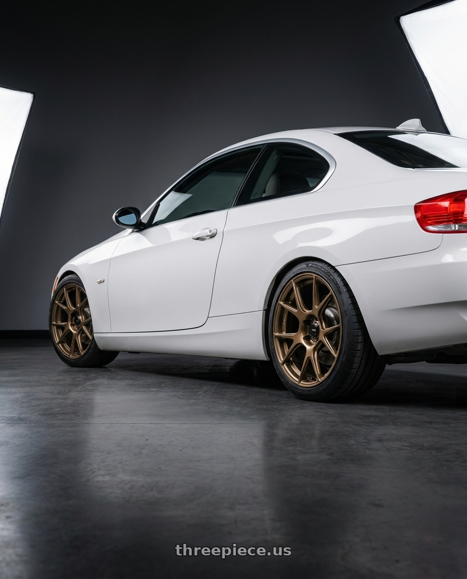 2008 BMW 328xi Alpine White with Konig Ampliform 5x120 18x8.5+32 Gloss Bronze wheels rear three quarter view square tires