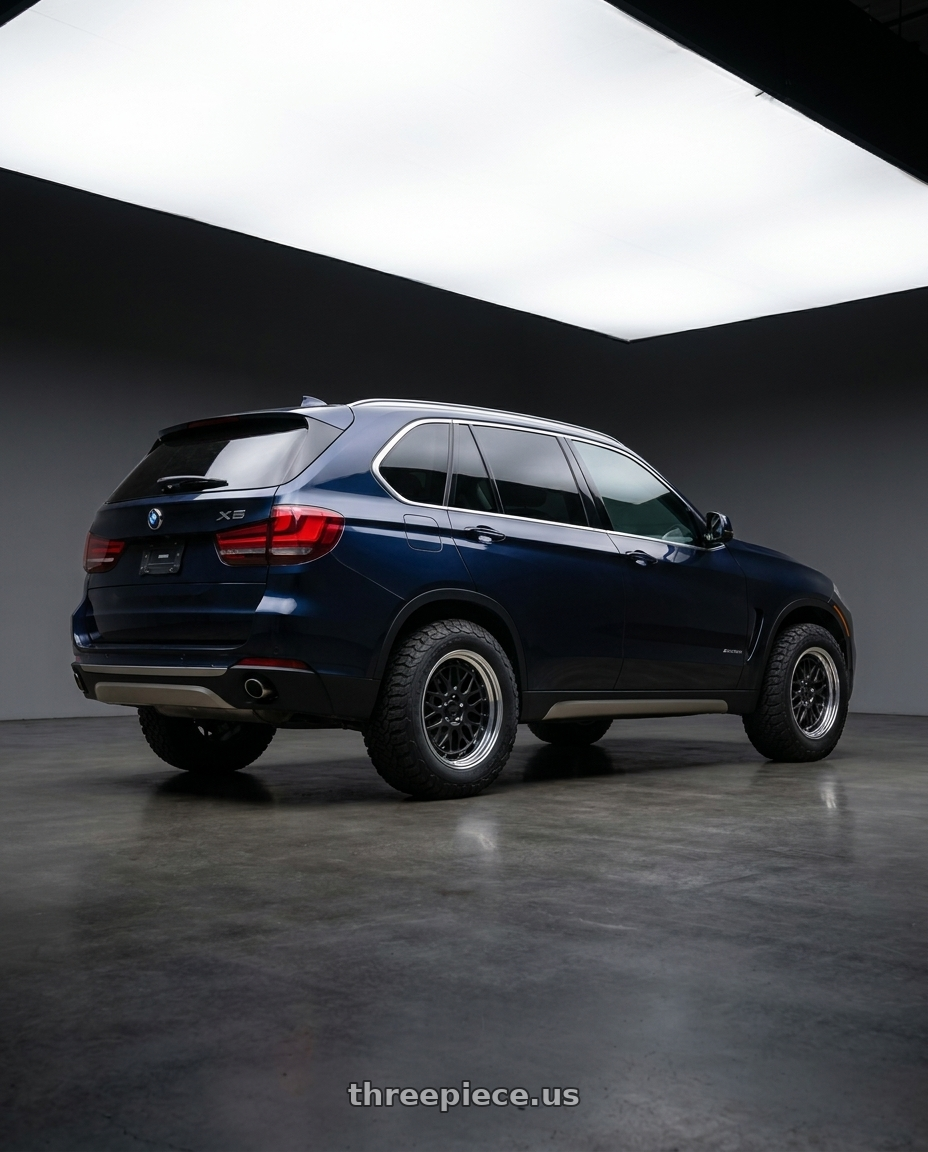 2015 BMW X5 xDrive35d imperial with Work Seeker Mx 5x120 18x8+30 A Disk Matte Black wheels rear three quarter view meaty tires