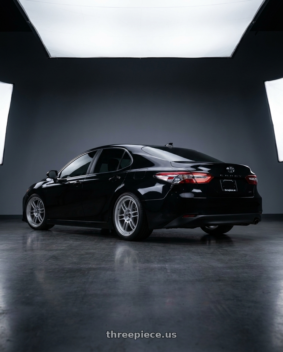 2019 toyota camry with Enkei Raijin 5x114.3 18x8.5+38 Hyper Silver wheels rear three quarter view slight stretch tires