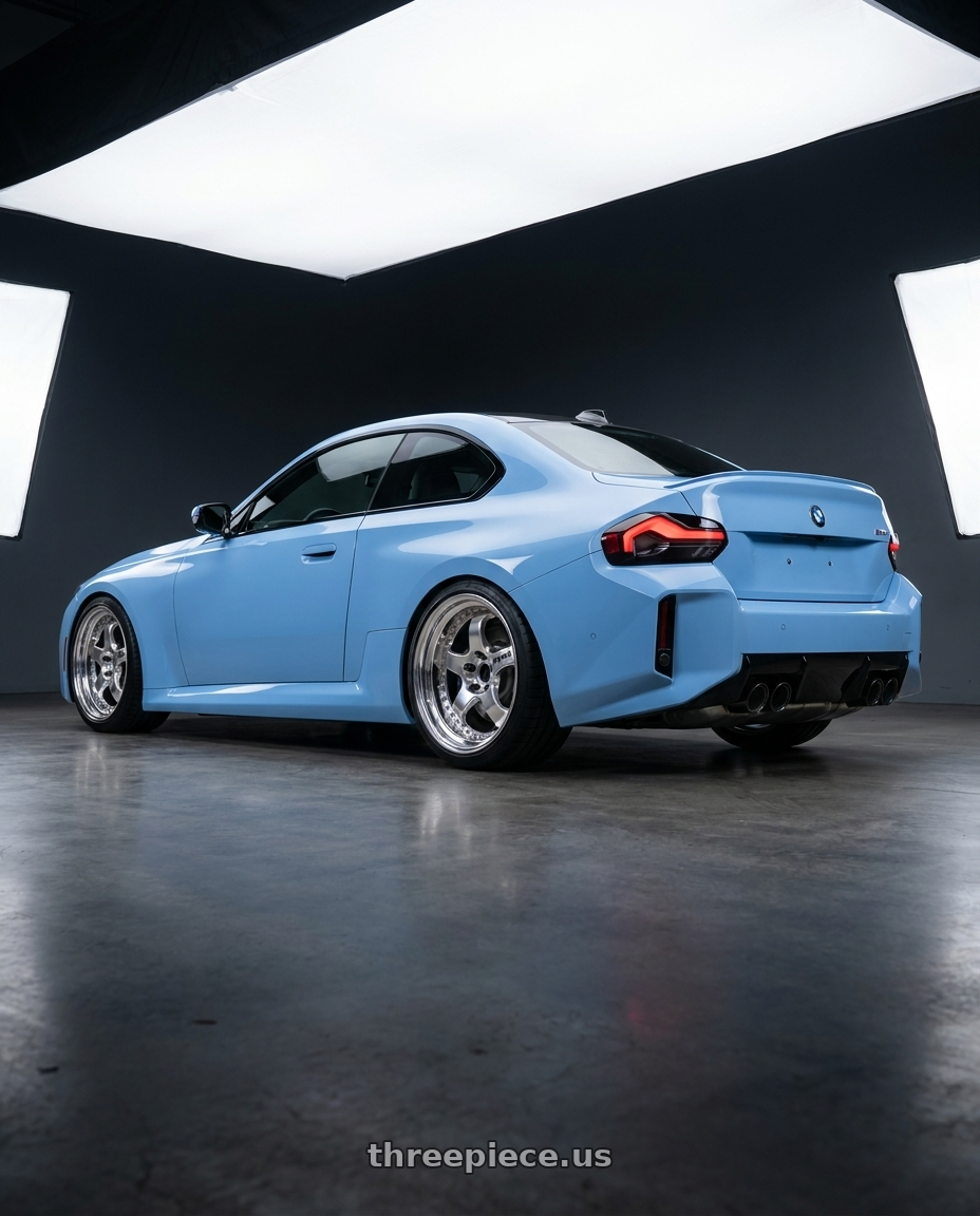 2024 BMW m2 with Work Meister S1 3P 5x120 19x11.5-3 O Disk Bright Buff Finish wheels rear three quarter view square tires