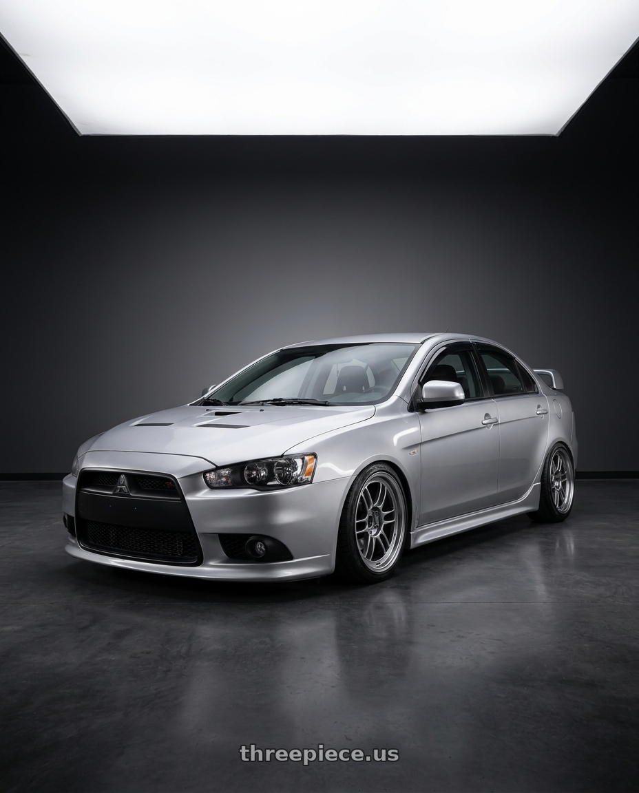2010 Mitsubishi Lancer Evolution GSR with Enkei RPF1 5x114.3 18x9.5+38 SBC wheels front three quarter view slammed stance