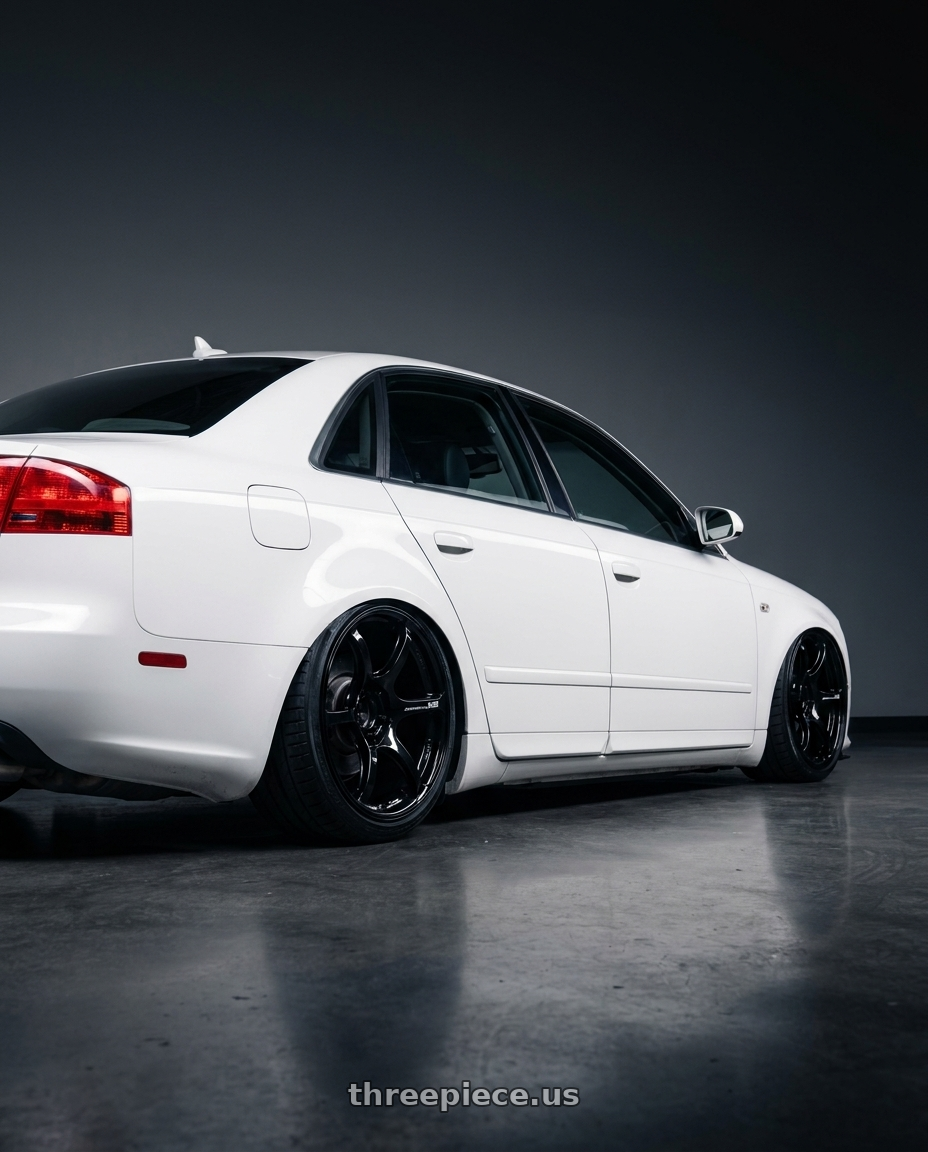 2010 Audi A4 B7 with Advan RGIII 5x112 18x8+42 Gloss Black wheels rear three quarter view slight stretch tires