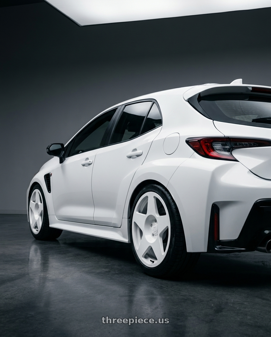 2026 Toyota GR Corolla with fifteen52 TARMAC 5x114.3 18x8.5 +30 RALLY WHITE (GLOSS WHITE) wheels rear three quarter view square tires