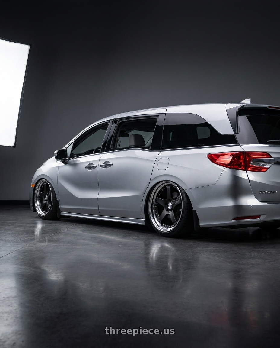 2024 Honda Odyssey with SSR Professor SP4 5x120 20X8 37 NR Disk Flat Black wheels rear three quarter view slight stretch tires