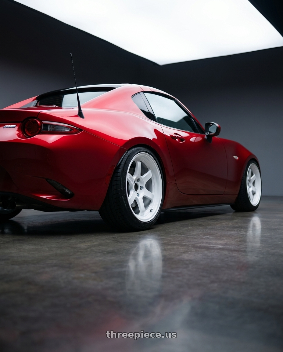 2018 Mazda Mx-5 with Volk Racing TE37V 10TH ANNIVERSARY 5x114.3 17x7.5 +30 DASH WHITE wheels rear three quarter view slight stretch tires