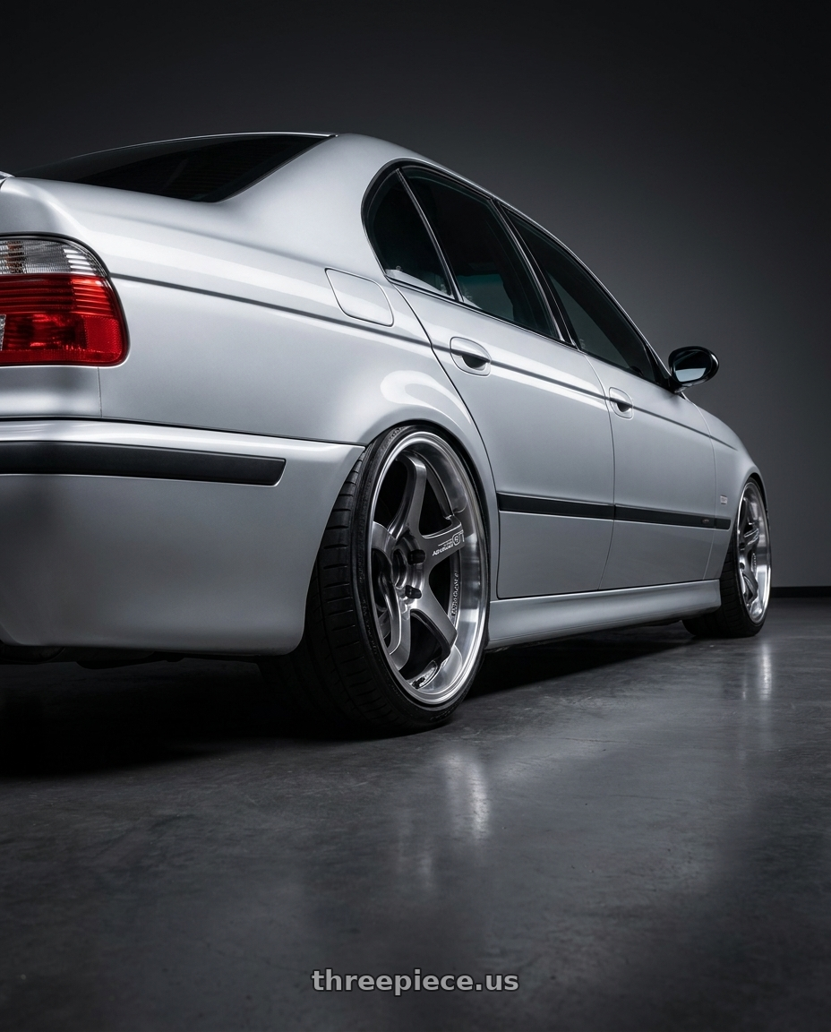 2000 bmw m5 with Advan Racing GT BEYOND 5x114.3 18x9.5 +29 MACHINING & HYPER PLATINUM BLACK wheels rear three quarter view slight stretch tires