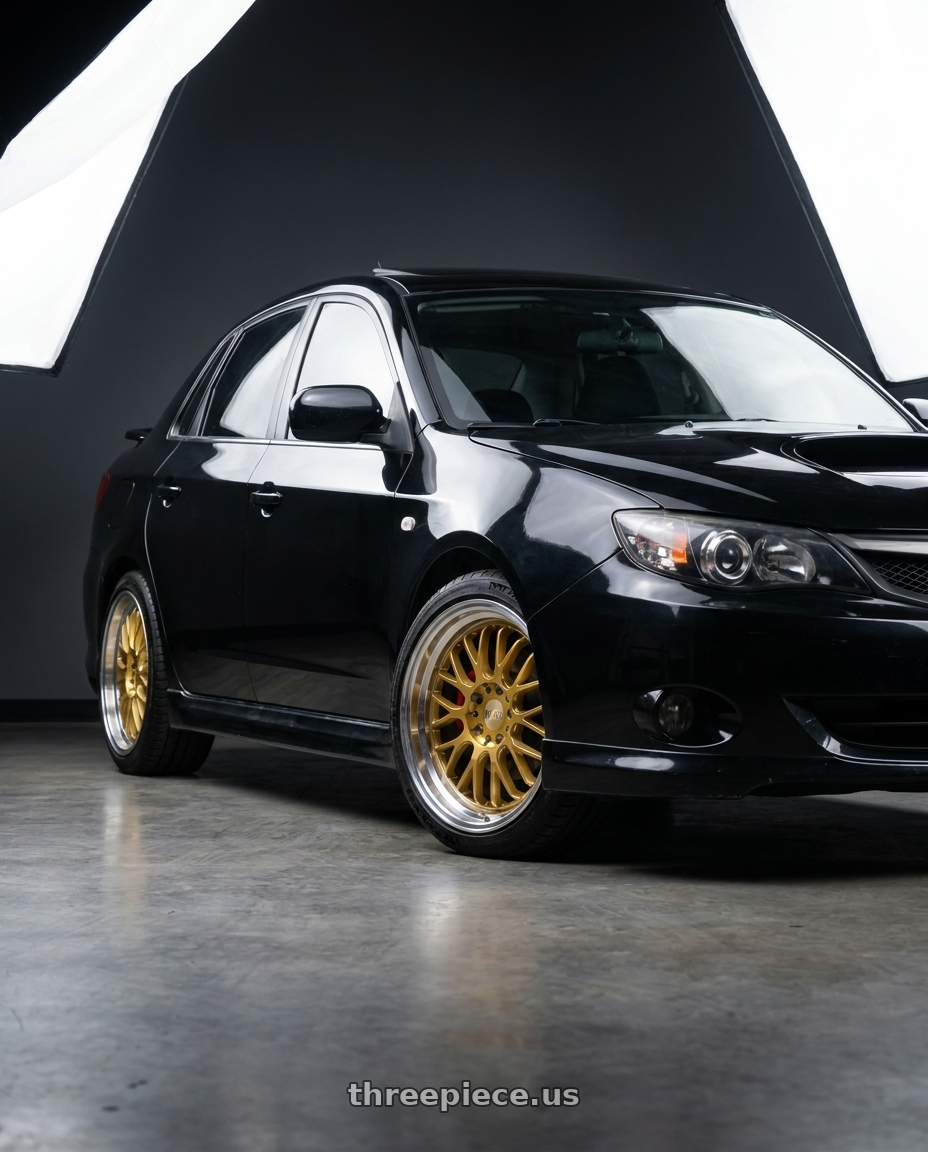 2010 Subaru WRX Sedan with F1R F21 5x100/5x114.3 18x8.5 +38 Machine Gold/Polish Lip v2 wheels